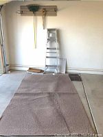 Garage setting showing the 5-foot aluminum step ladder, a leaf rake hanging on the wall, hand saw next to the rake, and outdoor area rug laid out on the ground.