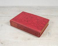 Angled view of the hardcover book showing red cover with black decorative embossing and spine details