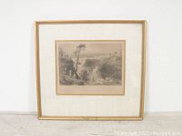 Full view of the framed antique black and white art print showing the landscape and canal scene, including people and watercraft.