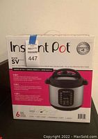 Front of Instant Pot Duo SV box showing product image, model, 9-in-1 cooking functions, and 6-quart capacity.