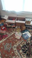 Overview of multiple vintage books and comic boxes on a carpet with various titles visible including atlases and comics