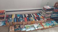 Full view of all books arranged in rows on floor, showing large collection and variety