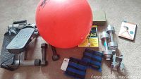 Overview photo of fitness equipment lot including Sunny Stepper, dumbbells, ankle weights, exercise ball, yoga book, and DVD.