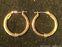 Front view of pair of gold hoop earrings on black background