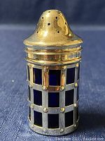 Front view of sterling silver salt shaker with silver top perforated lid and cobalt blue glass insert behind a cage-like silver exterior.