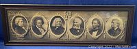 Full front image of the antique framed print depicting six musicians with decorative gold embossing and ornate dark wooden frame.