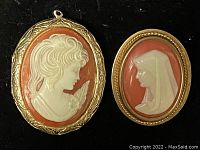 Two cameo jewelry items on black background, a larger locket pendant and smaller brooch side by side.