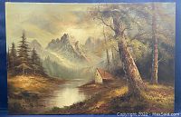 Full view of the larger signed Roger Brown oil painting showing a lake, cabin, trees and mountains.