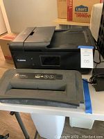 Wide view showing Canon TR8520 printer at the back and Fellows Powershred PS-40 shredder in front on a white table.