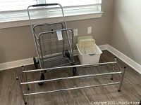 Full view of all items: rolling cart, shoe rack, and plastic basket with trays.