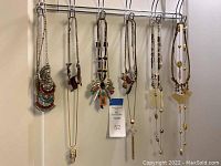 Wide shot of all necklaces hanging on a rack showing variety and style