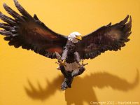 Front view of the eagle sculpture with wings fully spread, showing detailed painting and texture.
