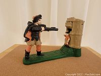 Side view of the William Tell figure aiming rifle at apple on head of smaller figure in front of castle