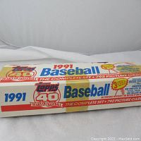 Closed original cardboard box labeled 1991 Topps Baseball 40 Years of Baseball, Complete Set with 792 picture cards