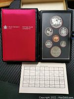 Overall view of the Canadian 1981 proof coin set with red booklet, black case containing seven coins, and specification chart beneath.