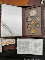 Photo of entire proof coin set in presentation case along with a specifications sheet and a mint mark appendix.