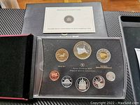 Full view of 2010 Canada RCM Silver Proof Coin Set in black case showing eight proof coins with both gold and silver tones, including polar bear, official Canadian emblems, and special edition dollar coin.