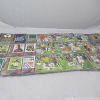 Top view of the lot spread out showing multiple soccer player cards in clear protective sleeves, some with green field backgrounds and player action shots.