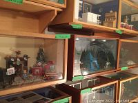 Photo showing multiple wooden and plexiglass enclosed dioramas on shelves, highlighting their varied themes and sizes.