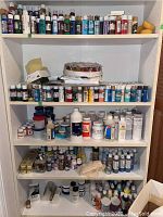 Full view of shelving with multiple rows of acrylic paint bottles in various colors and sizes, some medium jars, and canvases on top shelf.