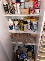 Cabinet shelves showing assorted spray paints, wood finishes, and adhesives from multiple brands. Included are cans and jars of wood filler, stain, and spray paint, plus bottles of liquid products.