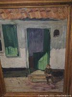 Close view of painted scene showing doorway, half-door in green tones and seated child.