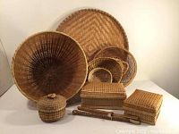 Full collection of 9 woven baskets and related items including large tray, bowls, rectangular boxes, small lidded basket, and chopstick holders displayed together.