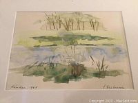 Close-up photo of the watercolor painting showing the title, signature, and artwork details