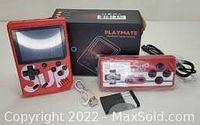 Image showing red Playmate 400-in-1 handheld game console, black charging adapter, wired white earbuds, and original box with product image.