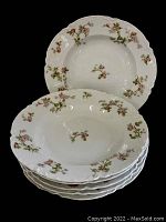 Stack of six white porcelain deep plates with pink floral pattern and scalloped edges, front view showing decorative detailing and size.