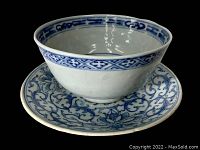 Pair of blue and white Canton ware porcelain deep footed bowl on matching saucer, shown from side.