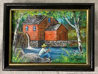 Frontal view of the oil painting showing a fisherman fishing by a red watermill with a water wheel among a lush green landscape.