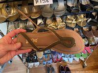 Photo showing a brown leather thong sandal held in hand against shoe rack with multiple shoe pairs.