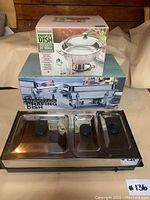 Photo showing the three chafing dishes and their packaging boxes: electric chafing dish with glass inserts, commercial 9 qt stainless steel chafing dish box, and 13 qt stainless steel chafing dish box.