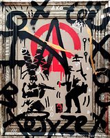 Head-on close-up of painting showing red anarchy symbol, black figures and tag motifs on cardboard background