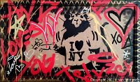 Full front view of framed painting showing central rat stencil with I♥NY shirt and surrounding graffiti.
