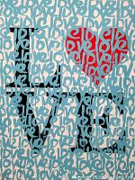 Close-up front view showing layered cyan 'love' text over black block letters and red heart motif