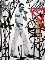 Close-up of stenciled Freddie Mercury figure with surrounding black graffiti tags, red heart and gold paint drips