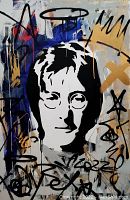 Close-up front view of canvas showing John Lennon stencil and layered graffiti background