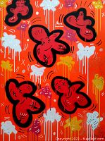 Front view of painting showing full composition on red canvas with dripping flower motifs