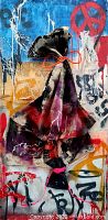 Front view of entire mixed media painting showing colors and attached fabric