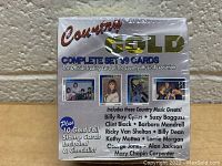 Front view of sealed 1993 Country Gold Country Music Collector Cards box showing product details, artists featured, and contents.