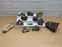 Front view of the 11 assorted rocks arranged on a white tiered display against a brick background.