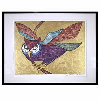 Frontal view of the framed signed print 'Fukuro' by Yuji Hiratsuka showing the colorful owl on gold background and signature on the bottom border.