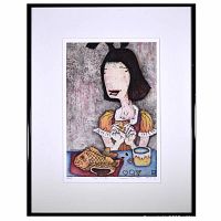 Framed color print titled 'Taiyaki' signed artist proof by Yuji Hiratsuka in a black frame with white matting, showing the stylized figure and table scene.