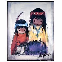 Front view of the colorful acrylic print depicting two Native American children, signed by DeGrazia.