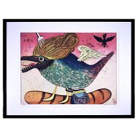 Frontal view of the limited edition print 'Angel Bird' by Yuji Hiratsuka in black frame showing colorful abstract bird on pink background.