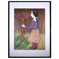 Front view of the framed print showing a girl with braid in purple blouse and tan skirt facing an upside down tree with roots and reddish-brown branches amid green grass and tall thin trees in background. The print is signed and numbered 7/15 below the image.