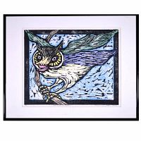 Front view of the framed limited edition signed Chine Collé print showing stylized owl in flight with multiple colors (blue, green, purple, yellow, black and white).