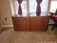 Front view of closed tambour media cabinet showing teak veneer, black top, and rounded corners.